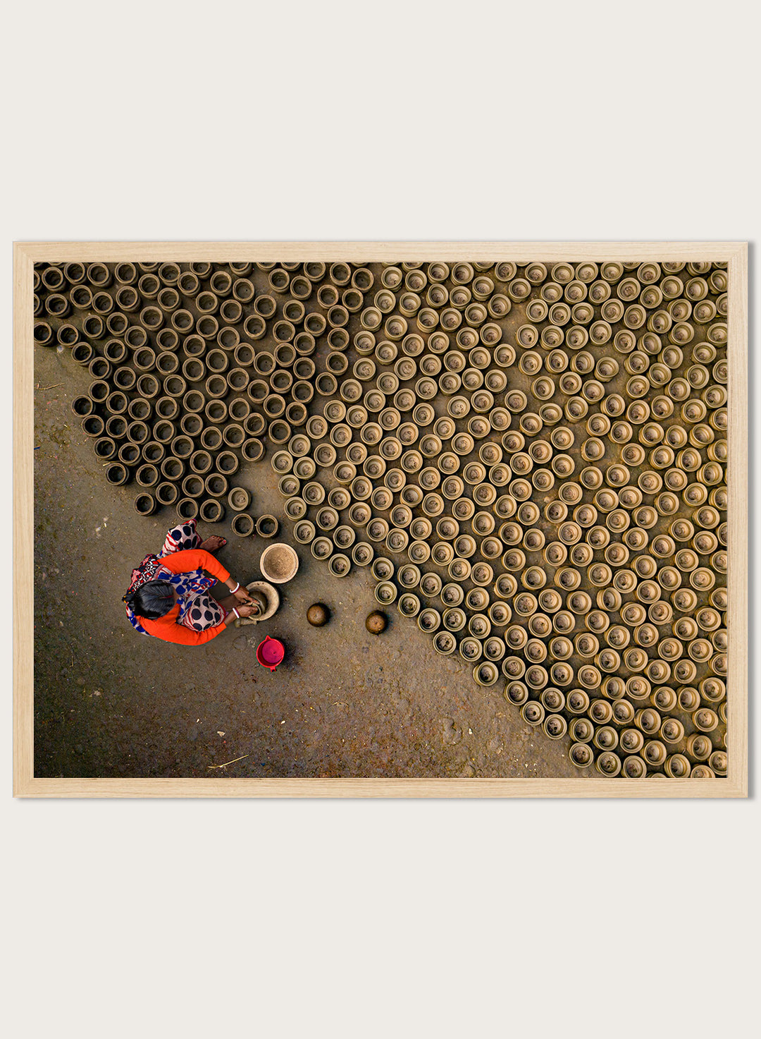 Pot Making by Azim Khan Ronnie aerial photography print showing clay pots drying in Bangladesh village, traditional craft wall art poster