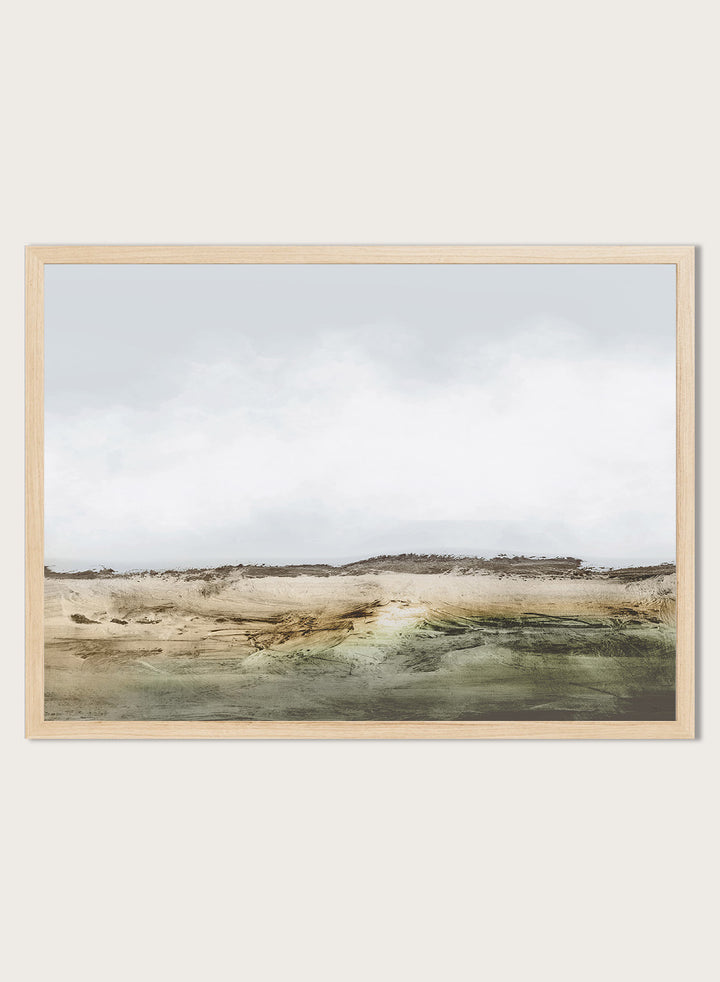 Shop Cliffs by Dan Hobday, a contemporary coastal landscape art print featuring rugged cliffs, soft sky, earthy green tones, and layered textured brushwork.
