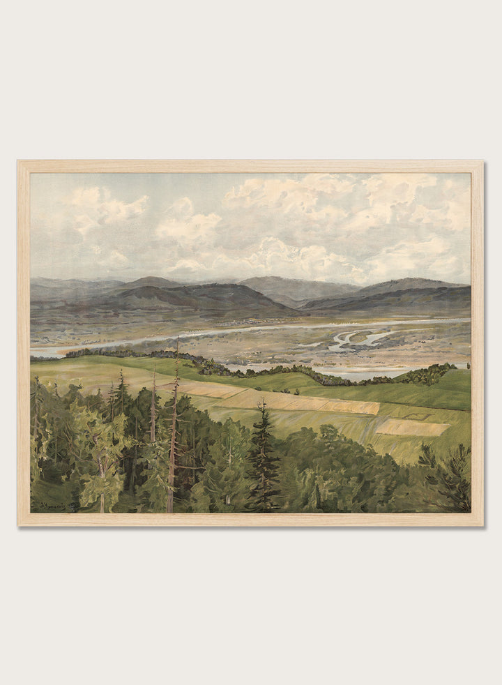 A framed landscape art print depicting rolling green and tan fields, distant mountains, a winding river, and a cloudy sky. Mountain Landscape by Arkadi Afanasyevich Chumakov is a vintage landscape art print featuring forest, fields, mountains, and a winding river.