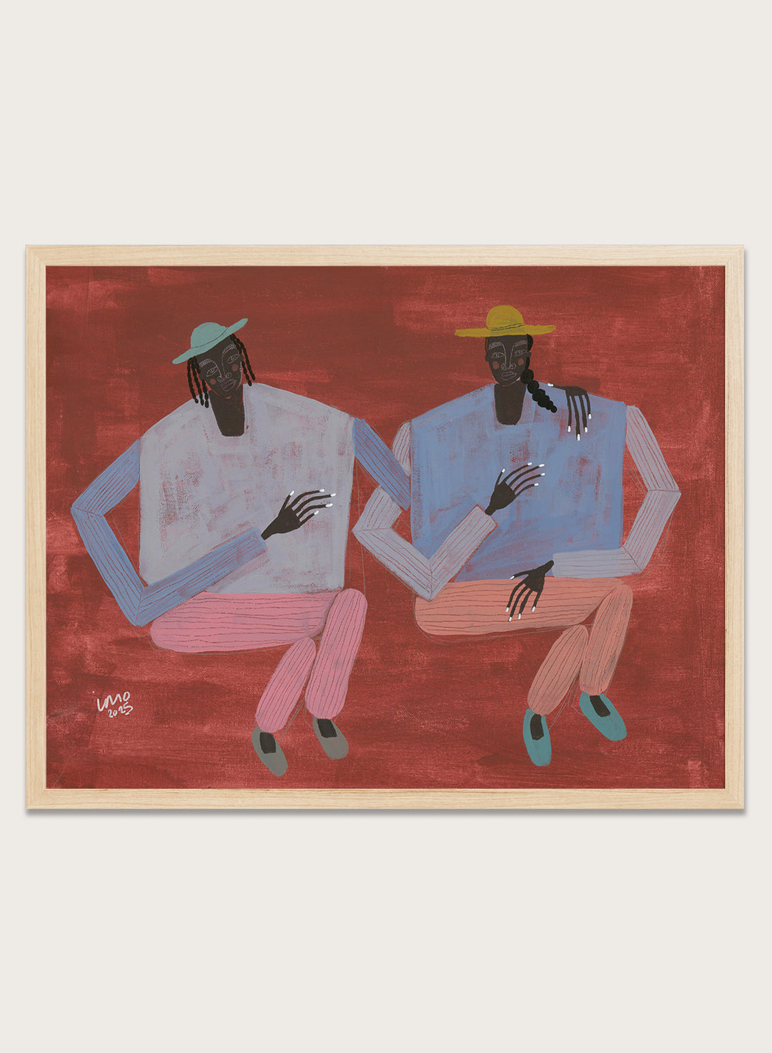 Artistic depiction of two figures holding hands on a red background. Better With You by Studio IMO (Ibi Meier-Oruitemeka) is a modern figurative art print with two figures, bold color, and contemporary wall poster design.