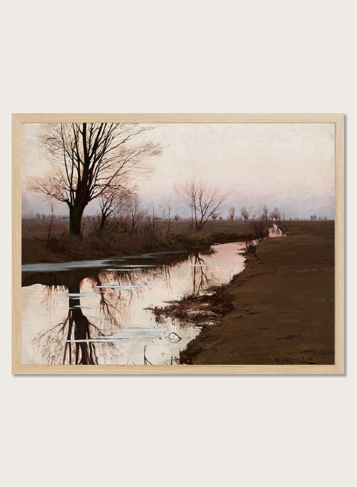 Shop Autumn Landscape with a River by Michał Gorstkin-Wywiórski, a vintage Polish landscape wall art print poster featuring a quiet autumn river in brown tones.