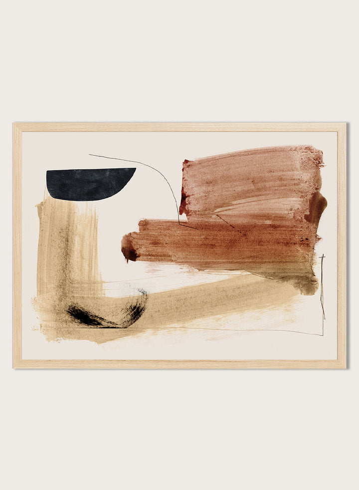 Abstract framed wall art featuring broad brushstrokes in terracotta, beige, black, and brown on a cream background. Shop Cooking by Dan Hobday, a warm abstract art print featuring rust brown, black, and sandy neutral forms with loose lines and layered brush texture.