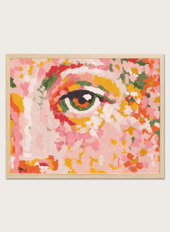 Colorful abstract painting of a face with a prominent eye. Wild Attention by Treechild is a colorful portrait illustration art print featuring expressive eye detail, bold brushstrokes, and contemporary wall art style.