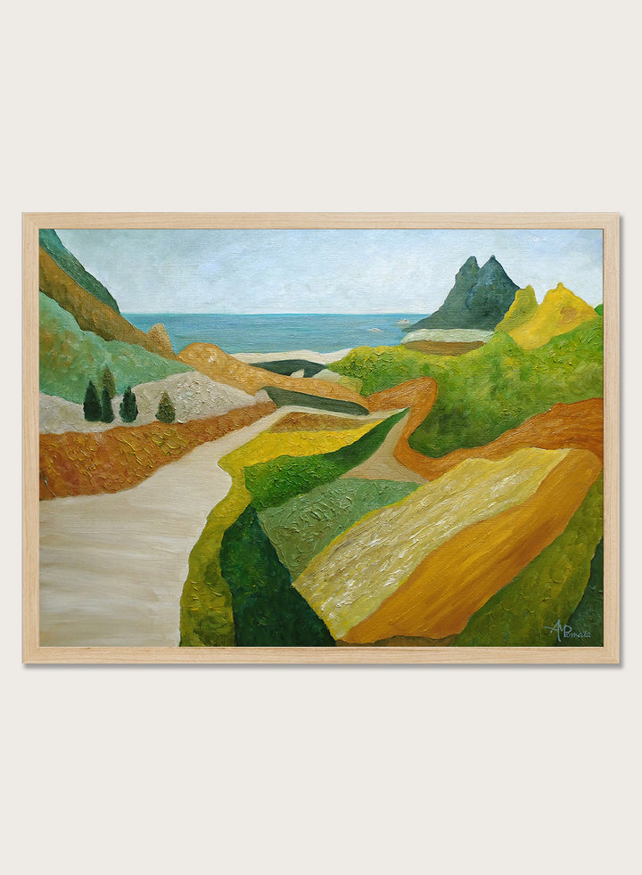 A framed landscape painting featuring a winding cream-colored path through green and ochre hills, leading to a blue sea and distant mountain under a pale sky. Shop Vibrant Coastal Vista by Angeles M. Pomata, a colorful coastal landscape art print featuring winding roads, rolling fields, rugged hills, and blue sea views.