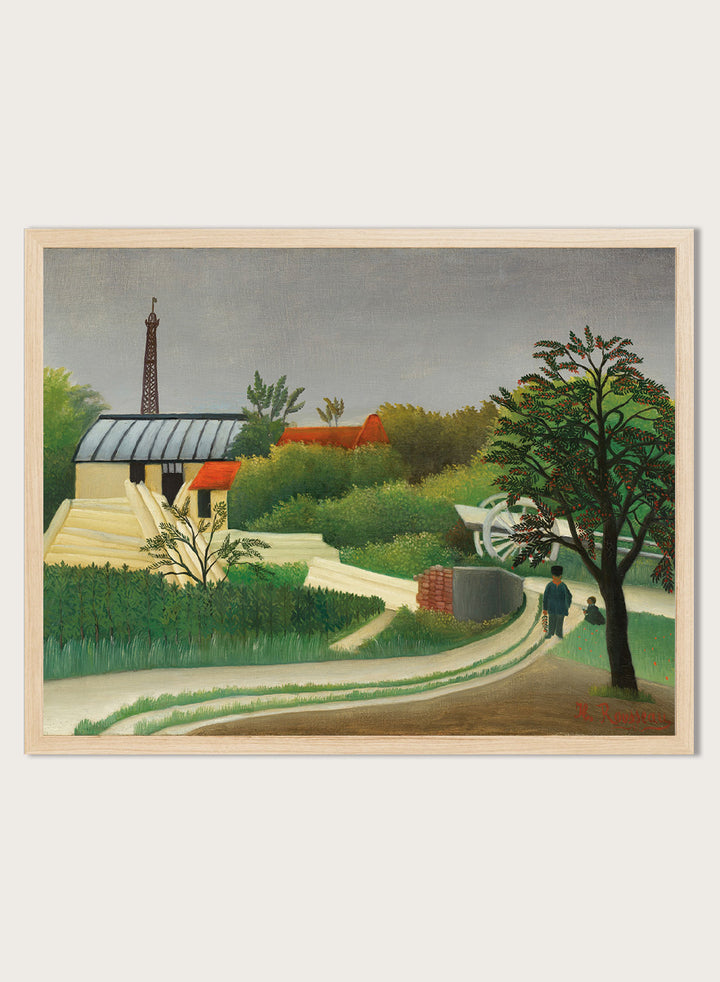 Shop Scierie aux environs de Paris by Henri Rousseau, a vintage French landscape art print with green fields, red roofs, a sawmill, and Paris charm.
