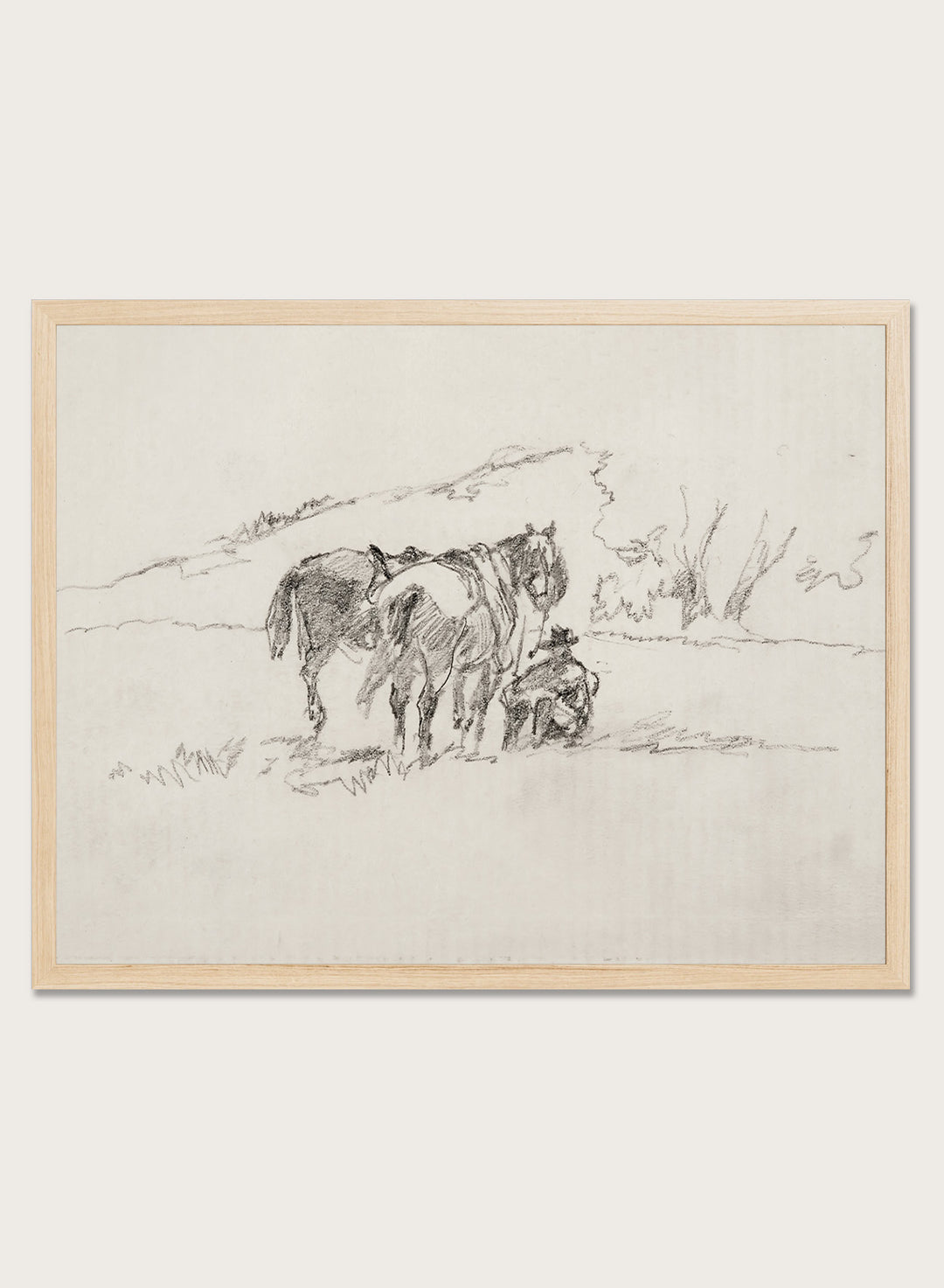 A framed black and white sketch print depicting a cowboy and horse, set against a light beige background. Sketch Made on Indian Reservation, Montana by Walter Shirlaw is a vintage horse sketch featuring a seated figure, grazing horses, and the Montana landscape.