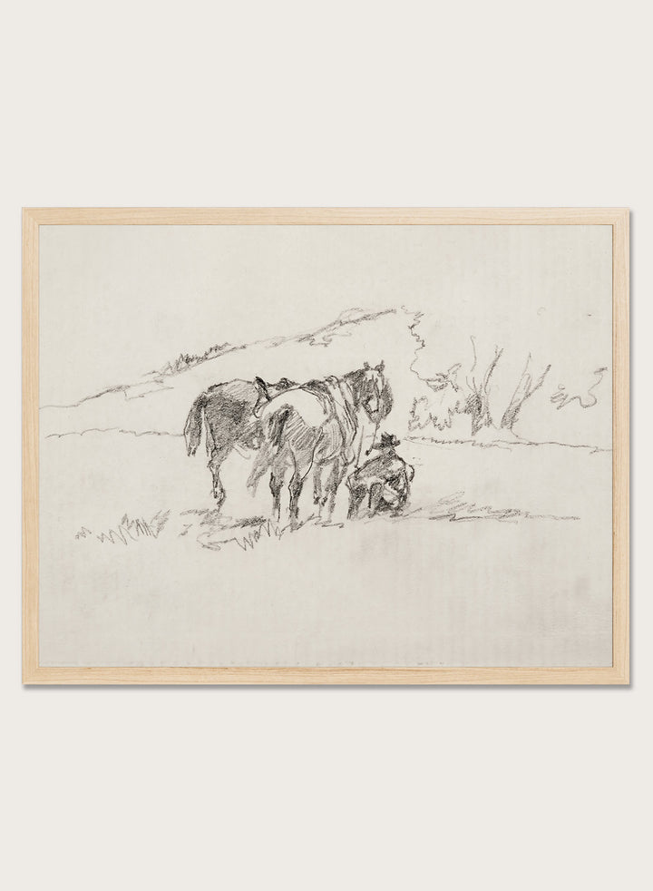 A framed black and white sketch print depicting a cowboy and horse, set against a light beige background. Sketch Made on Indian Reservation, Montana by Walter Shirlaw is a vintage horse sketch featuring a seated figure, grazing horses, and the Montana landscape.