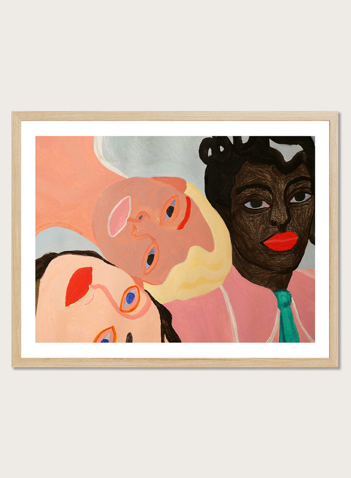 Shop Three Friends by Sophia Novosel, a modern women portrait wall art print poster featuring three women, bold red lips, vivid eyes, and expressive color.