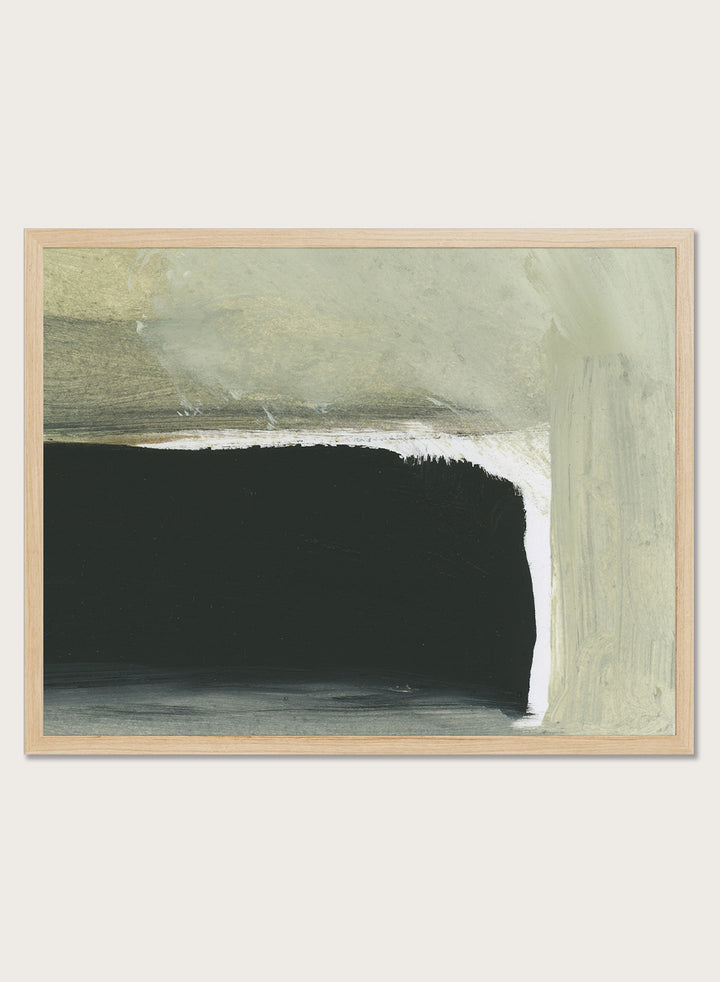 Shop Room by Dan Hobday, a contemporary abstract art print featuring charcoal black, sage green, cream, and muted olive with layered brush texture.