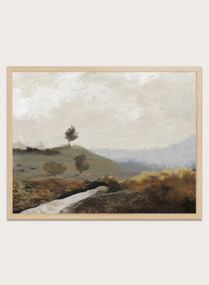 Shop La Collina by Dan Hobday, a contemporary landscape art print featuring rolling hills, scattered trees, earthy brown tones, and soft blue-gray distance.