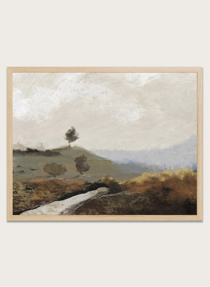 Shop La Collina by Dan Hobday, a contemporary landscape art print featuring rolling hills, scattered trees, earthy brown tones, and soft blue-gray distance.