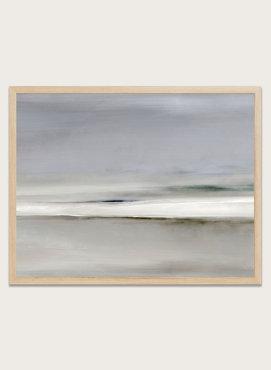 Shop Horizon by Dan Hobday, a soft abstract landscape art print featuring muted gray, green, and cream tones with layered horizontal brushwork.