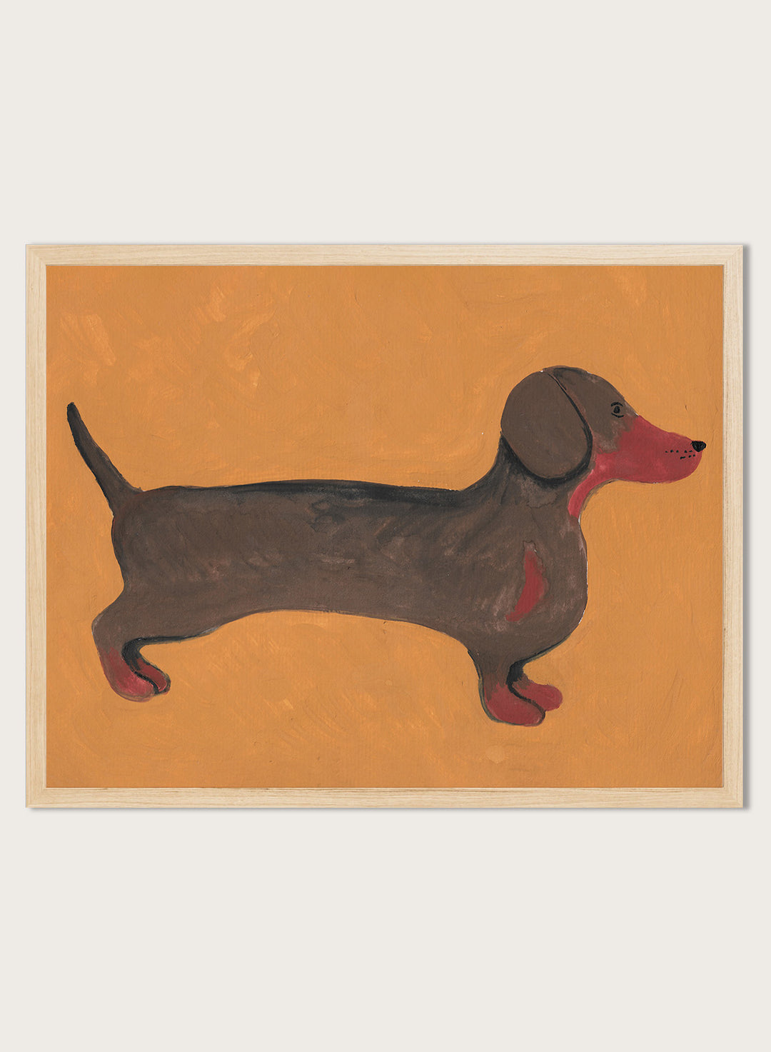 Framed artwork of a dachshund on an orange background. Sweet Dachshund Dog by Lerin Freyou is a modern dachshund art print featuring a minimal dog illustration with orange background, aesthetic animal poster design.