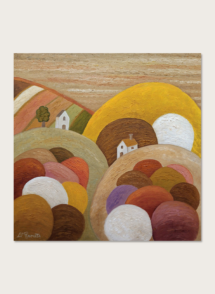 A framed abstract landscape painting featuring stylized hills, rolling forms, small houses, and a large yellow circular shape. Shop Colorful Hillside Village by Angeles M. Pomata, an autumn landscape art print featuring rounded hills, tiny white houses, earthy tones, and rich oil texture.