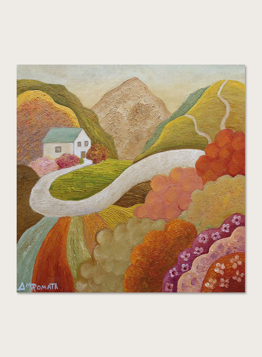 A framed landscape painting featuring a winding white road through colorful hills, a small white house, and a mountain in the background. Shop Colorful Hillside Home by Angeles M. Pomata, an autumn landscape art print featuring a winding road, white country house, rolling hills, and wildflowers.
