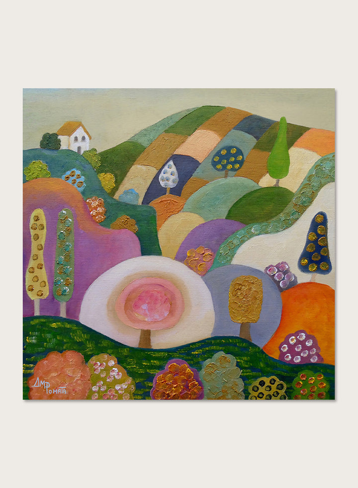 A colorful abstract landscape painting in a black frame, featuring stylized hills, trees, flowers, and a small house. The artwork has a playful, patchwork-like design with multiple vibrant colors including green, purple, orange, pink, blue, and yellow, set against a light beige wall. Shop Whimsical Hillside Village by Ángeles M. Pomata, a colorful landscape art print with rolling hills, patterned trees, and a dreamy village feel.
