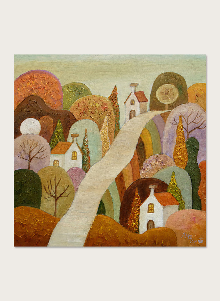 A framed landscape painting featuring stylized white houses, a winding cream path, and rolling hills in earthy tones of brown, orange, green, and purple. Shop Whimsical Village Path by Angeles M. Pomata, an autumn landscape art print featuring a winding road, white village houses, rounded hills, and warm earthy tones.