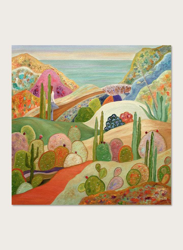 A framed colorful landscape painting featuring stylized cacti, hills, and a coastal scene. Shop Colorful Desert Yoga View by Angeles M. Pomata, a colorful desert landscape art print featuring cacti, rolling hills, a yoga figure, and coastal views.