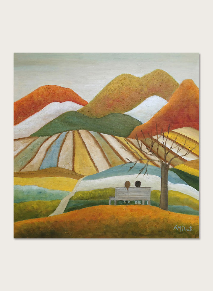 A framed landscape painting featuring stylized mountains, striped fields, a bench with two figures, and a bare tree. Shop Couple On Autumn Bench by Angeles M. Pomata, an autumn landscape and figurative art print featuring a seated couple, rolling hills, patchwork fields, and warm fall tones.