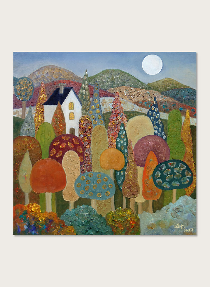 A framed folk-art style landscape painting featuring stylized mushrooms, trees, hills, a small house, and a full moon. Shop Whimsical Moonlit Landscape by Angeles M. Pomata, a colorful autumn landscape art print featuring a white house, full moon, rolling hills, and stylized trees.
