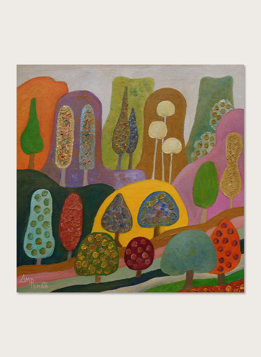 A framed abstract landscape painting featuring stylized trees and hills in a colorful, textured expressionist style. Shop Whimsical Colorful Trees by Angeles M. Pomata, a playful landscape art print featuring stylized trees, rolling hills, rich texture, and bold color.