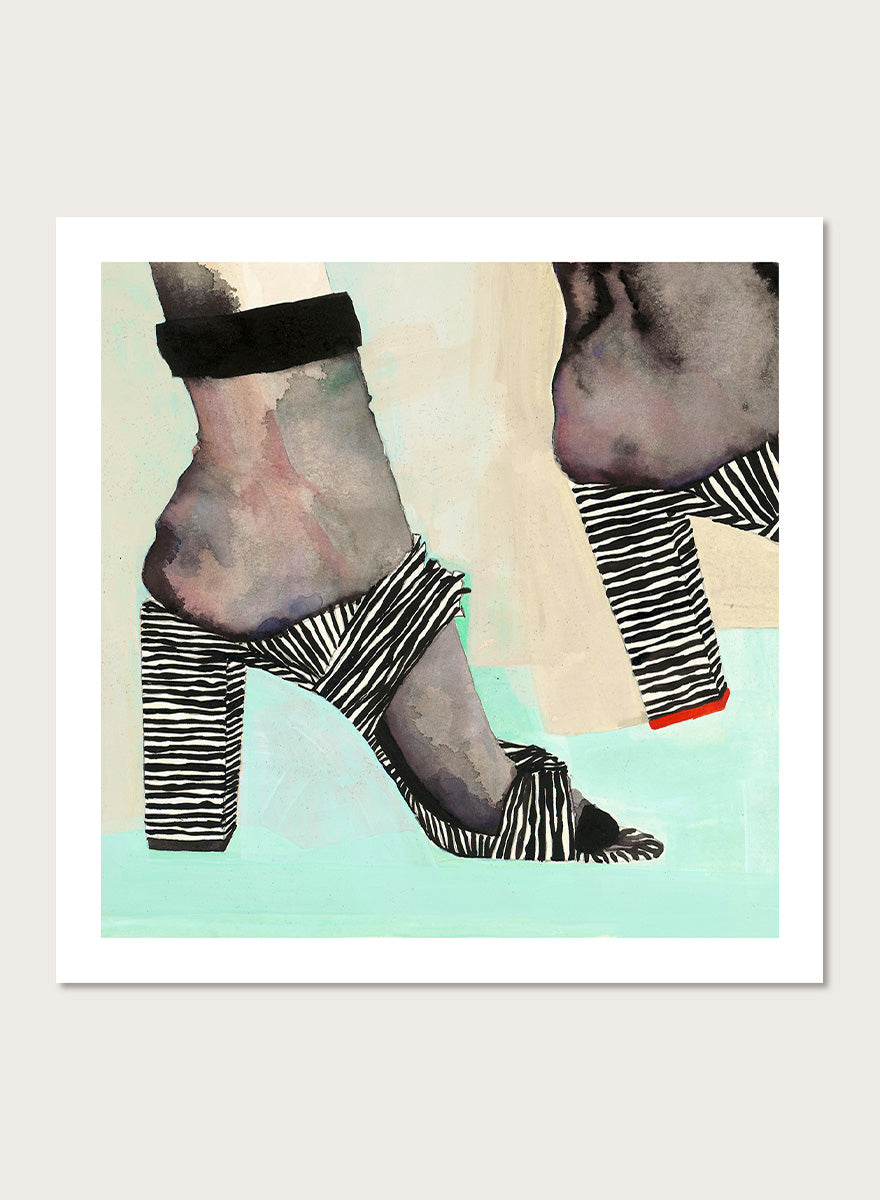 Shop Chic Zebra Heels by Sophia Novosel, a modern fashion wall art print poster featuring zebra-striped heels, bold black-and-white pattern, and a stylish cropped view.