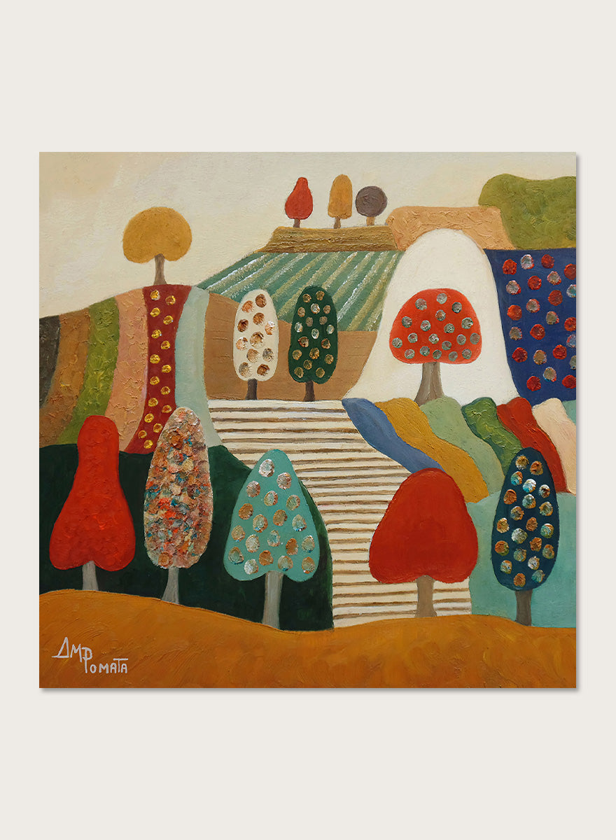 A framed abstract landscape painting featuring stylized trees, hills, and geometric shapes in red, blue, green, yellow, beige, and brown tones. Shop Whimsical Tree Landscape by Angeles M. Pomata, a colorful landscape art print featuring patterned trees, patchwork hills, and warm autumn tones.