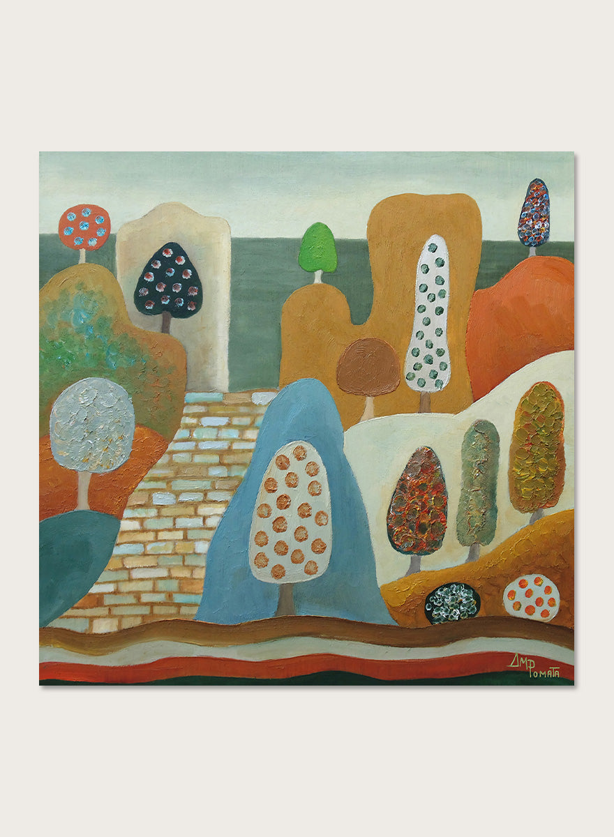 A framed abstract landscape painting featuring stylized trees, hills, and geometric forms in earthy tones of orange, blue, beige, green, and brown. Shop Whimsical Tree Landscape by Angeles M. Pomata, a colorful landscape art print featuring patterned trees, rounded hills, and a winding stone path.
