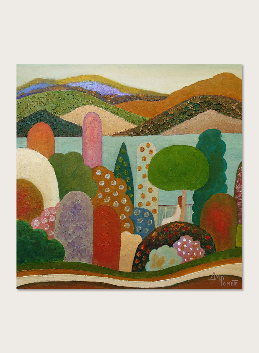 A framed landscape painting featuring stylized hills, trees, and abstract shapes in earthy tones of green, brown, orange, red, blue, and purple. Shop Vibrant Whimsical Landscape by Angeles M. Pomata, a colorful landscape art print with layered hills, patterned trees, and a soft dreamlike feel.