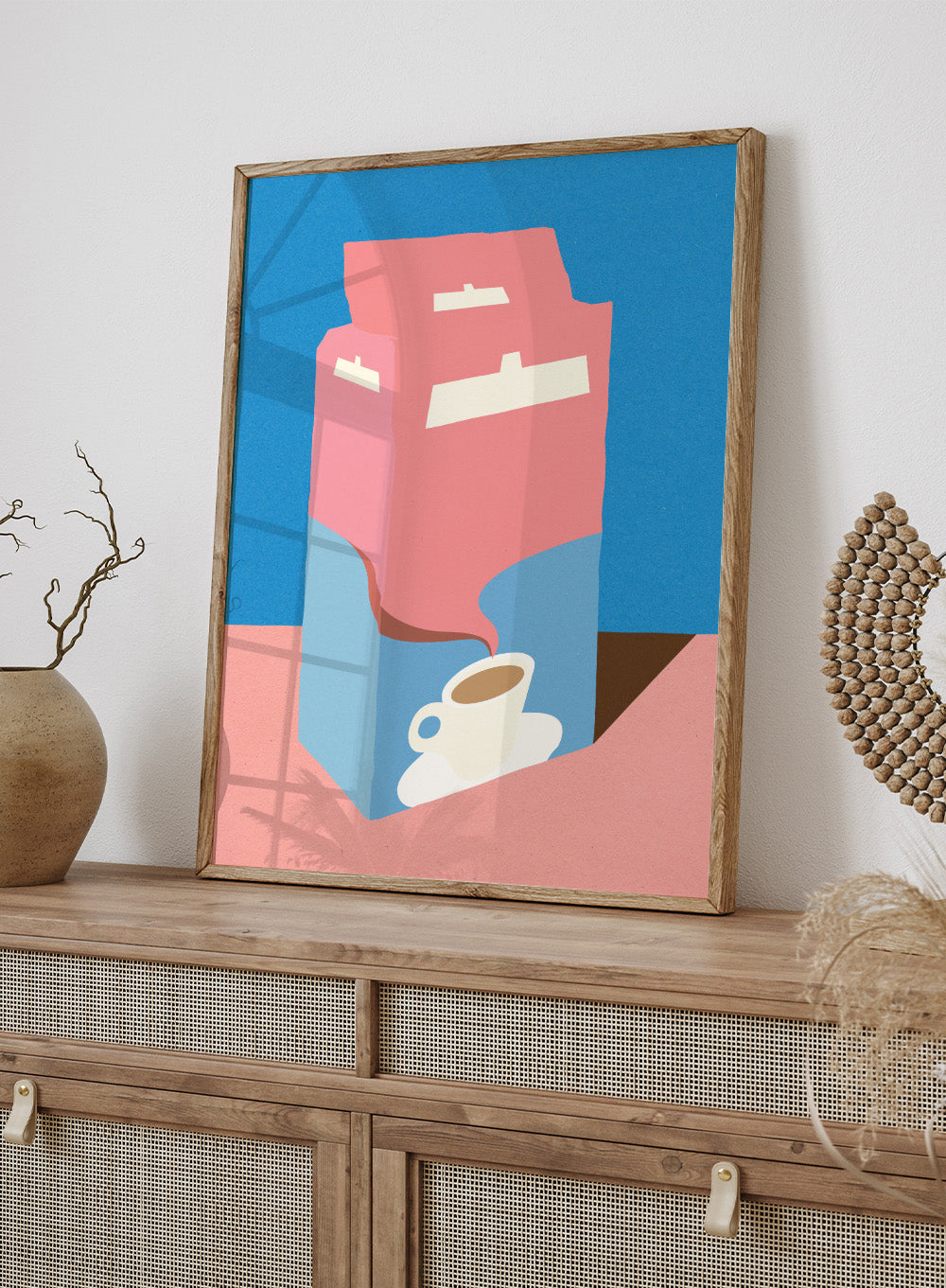 Illustration of a pink milk carton pouring into a white cup on a blue background. Illustration of a pink milk carton pouring into a white cup on a blue background. Crema E Gusto Dolce by Rosi Feist is a minimalist coffee bag kitchen art print with Bauhaus-inspired color. Officially licensed modern poster with framing.