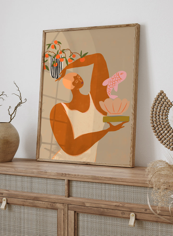 Illustration of a person holding a shell with a fish and a vase with flowers on a beige background. Fish and Oranges by Arty Guava is a modern surreal art print of a woman holding a fish with orange still life details. Officially licensed wall poster.