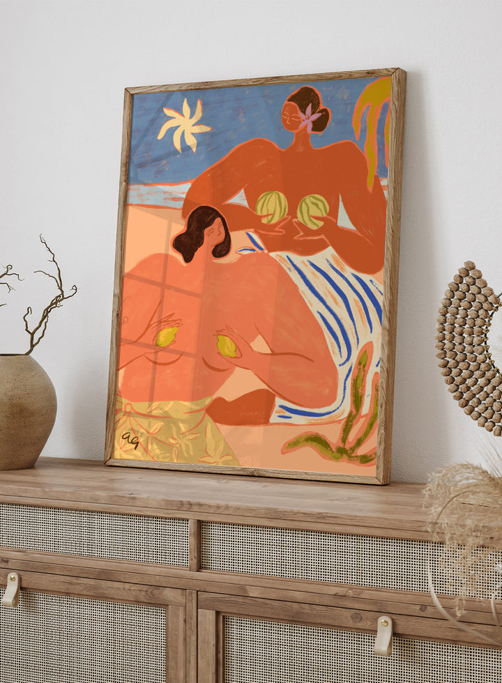 Artistic depiction of two figures with abstract elements and a stylized landscape. Lemon and Melon by Arty Guava is a colorful figurative art print featuring tropical fruit, playful female figures, coastal scenery, and contemporary illustration.