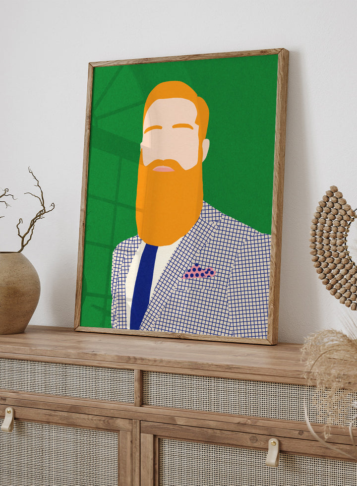 Illustration of a man with a beard wearing a checkered jacket and blue tie on a green background. Men From Barber Shop by Rosi Feist is a bold minimalist portrait art print with modern pop color, Bauhaus design, officially licensed fine art poster.