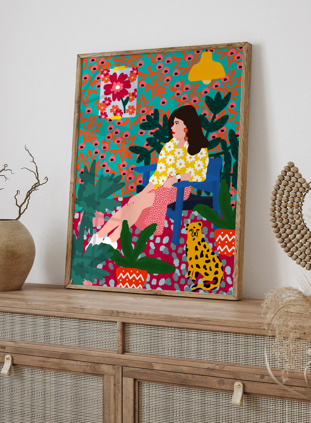 Floral Daydreaming by Rafaela Mascaro fine art print featuring bold botanical interior, modern woman portrait, and colorful contemporary wall art poster.