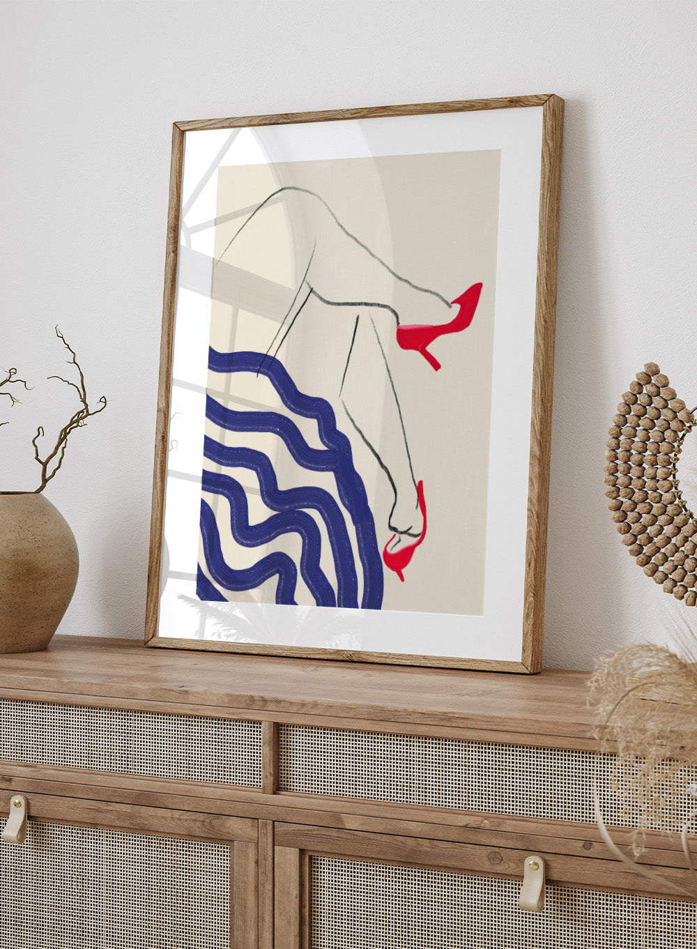 Crimson Heels Dance art print by Little Dean. Contemporary abstract figure wall art featuring bold red heels, fluid movement, minimalist illustration, and modern poster design.