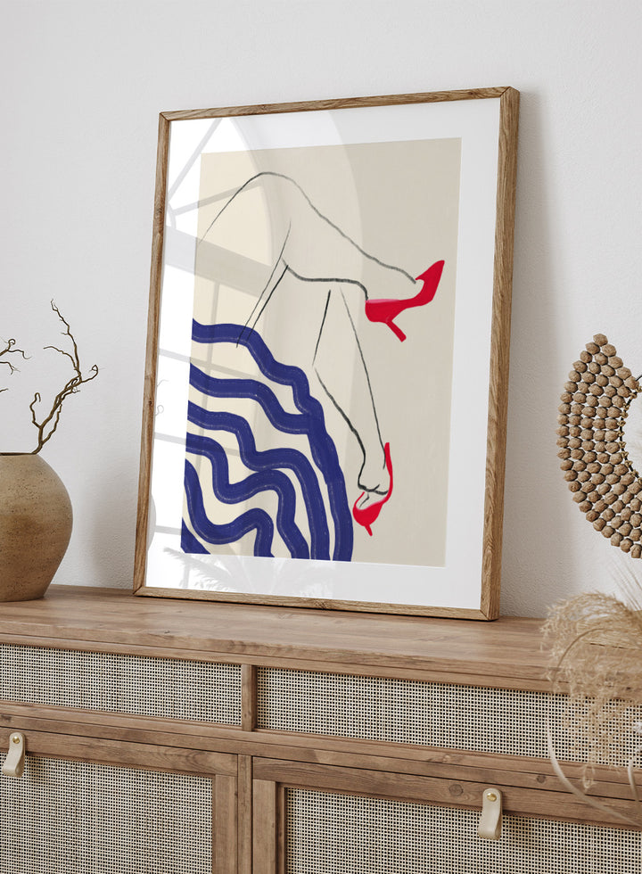 Crimson Heels Dance art print by Little Dean. Contemporary abstract figure wall art featuring bold red heels, fluid movement, minimalist illustration, and modern poster design.
