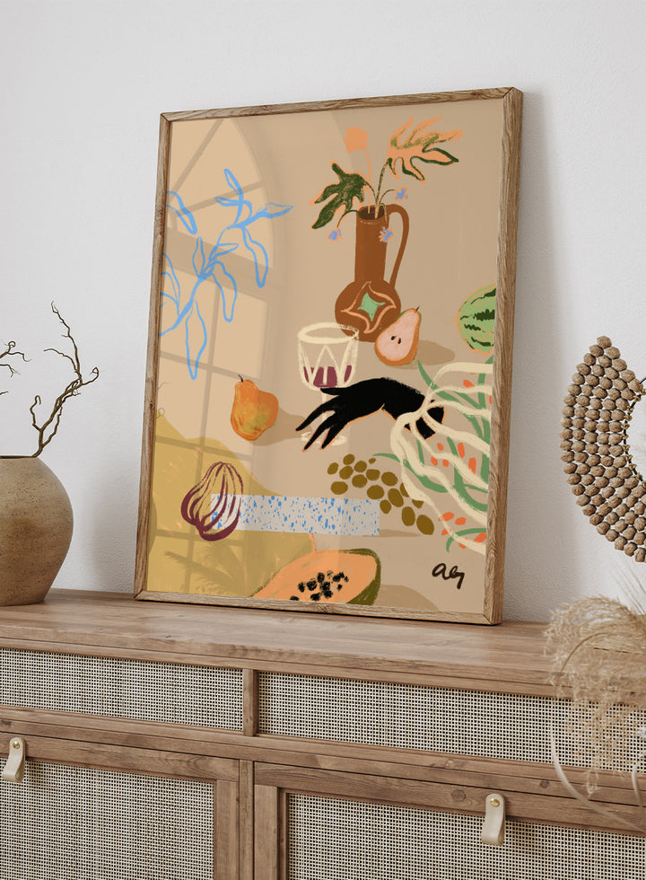 Pass Me The Pear by Arty Guava is a modern still life art print with pears, fruit, and expressive hand-drawn shapes. Officially licensed wall poster.