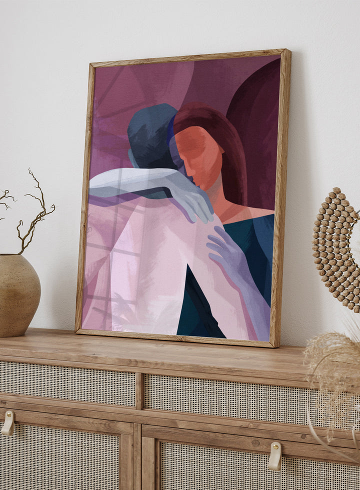 Artistic illustration of two people embracing with abstract background. In This Together by Goed Blauw is a modern abstract figure art print and wall poster featuring two people in an intimate embrace with layered soft colors.