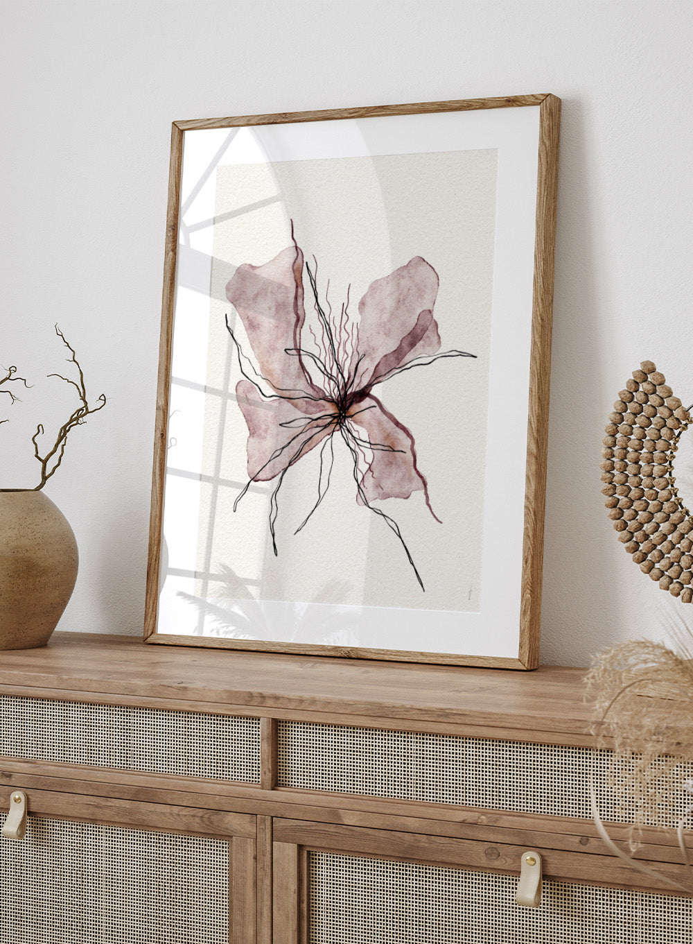 Booming Blooming by Ankie Kooi features an abstract flower illustration with soft watercolor petals and fine line details. Minimal botanical art print inspired by nature and growth.