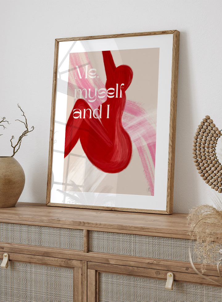 Abstract art with red shapes and 'Me, myself and I' text on a beige background. Red Woman by Anne-Marie Volfova is a modern figurative art print featuring bold red brushstrokes and empowering typography. Contemporary wall poster.