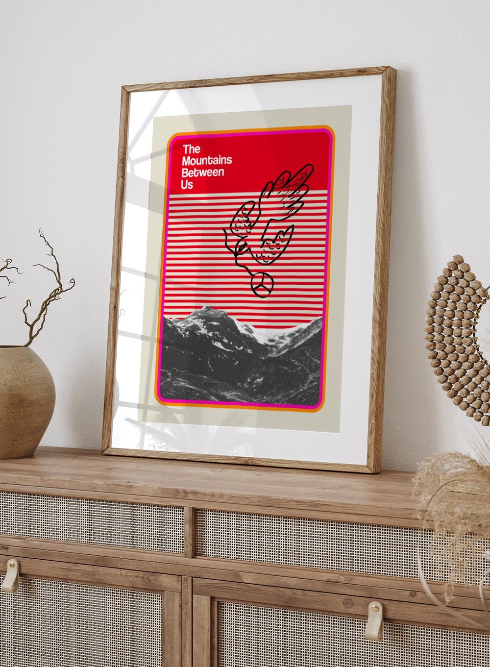 Print of 'The Mountains Between Us' with a red and white striped pattern and mountain illustration. Mountains Between Us by Frances Collett art print featuring red graphic stripes, flying dove illustration, and mountain landscape. Officially licensed modern wall poster with optional framing.