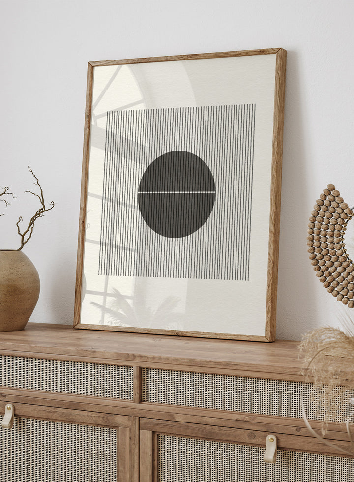 Geometric design with a circle and horizontal line on a striped background. Line and Circle Harmony by The MIUUS Studio is a minimalist abstract art print and wall poster featuring geometric linework, bold contrast, and modern black and white design.
