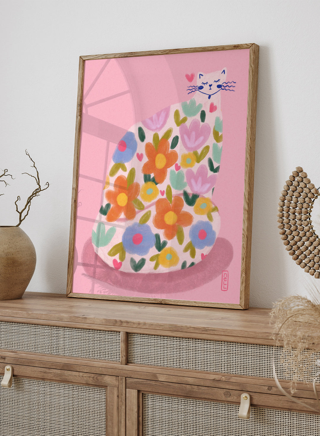 Whimsical Flower Cat by Dirkie Nell is a colorful cat art print featuring playful floral patterns, pastel tones, and modern hand painted aesthetic wall art.