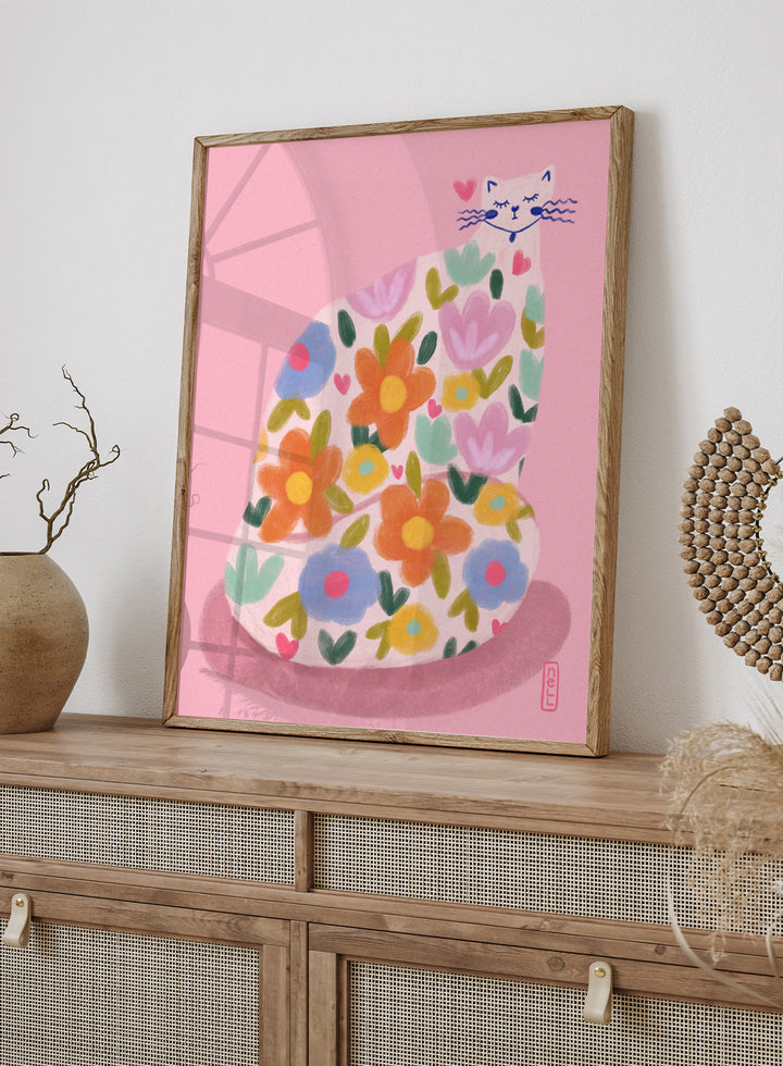 Whimsical Flower Cat by Dirkie Nell is a colorful cat art print featuring playful floral patterns, pastel tones, and modern hand painted aesthetic wall art.