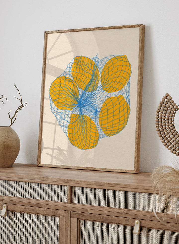 Geometric design with orange shapes and blue lines on a beige background. Five Lemons In a Net Bag by Rosi Feist is a modern minimalist fruit art print with Bauhaus design, officially licensed fine art poster.