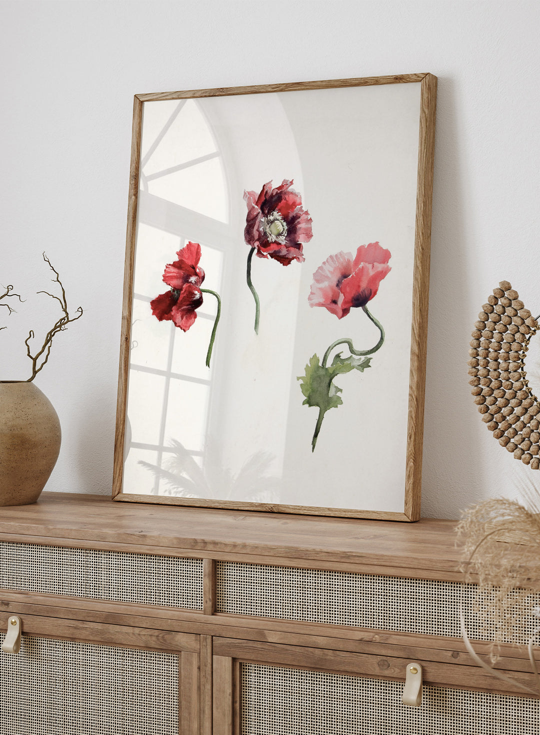 Poppy Flowers by Lilly Walther is a vintage botanical print of three red and pink poppies in watercolor, a floral wall art print for any room.
