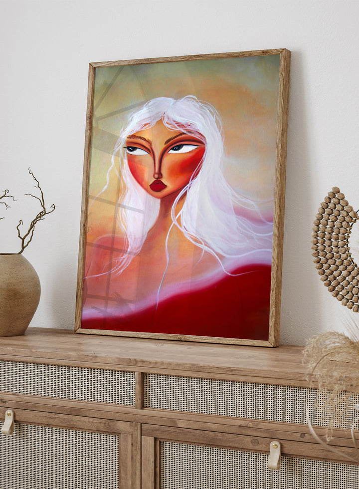 Artistic depiction of a woman with white hair and red face against a colorful background. Striking White Hair Portrait by Amy Straley is a contemporary figurative art print featuring a feminine portrait, warm peach tones, and expressive modern artwork.