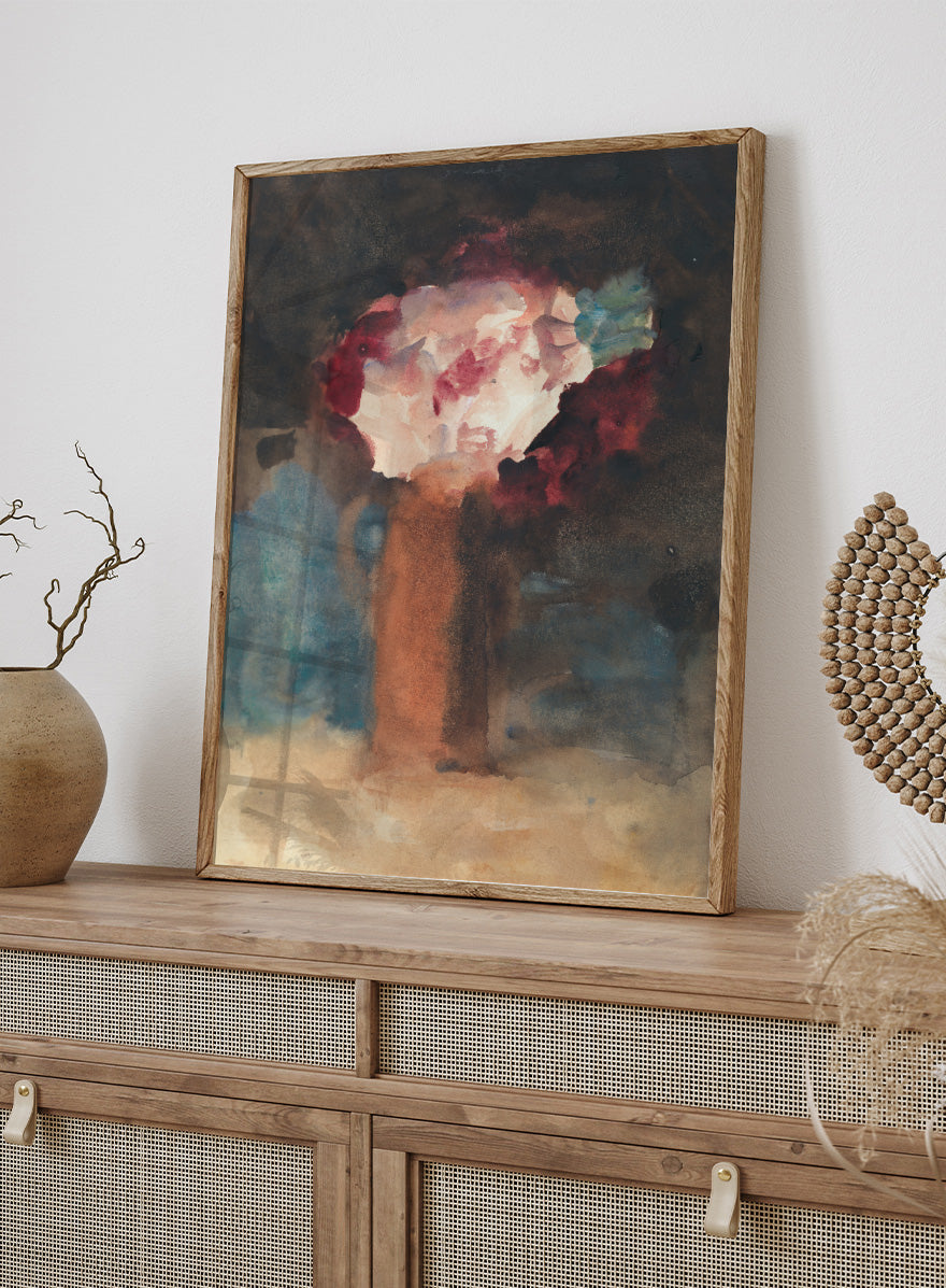 An abstract watercolor painting of a vase with flowers, featuring a warm terracotta-brown vase and a bouquet of white, red, and blue blossoms against a dark, textured background. Roses by Hercules Brabazon Brabazon is a vintage floral art print featuring pink and red roses in a terracotta vase with a dark, moody background.