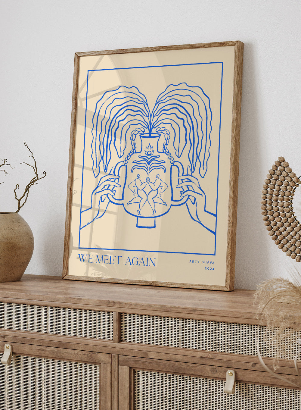 Artistic depiction of hands holding a vase with flowing hair, titled 'We Meet Again' by Arty Guava. Vessel Collection: We Meet Again by Arty Guava art print, modern line wall poster with a decorative vase design, contemporary minimalist artwork.