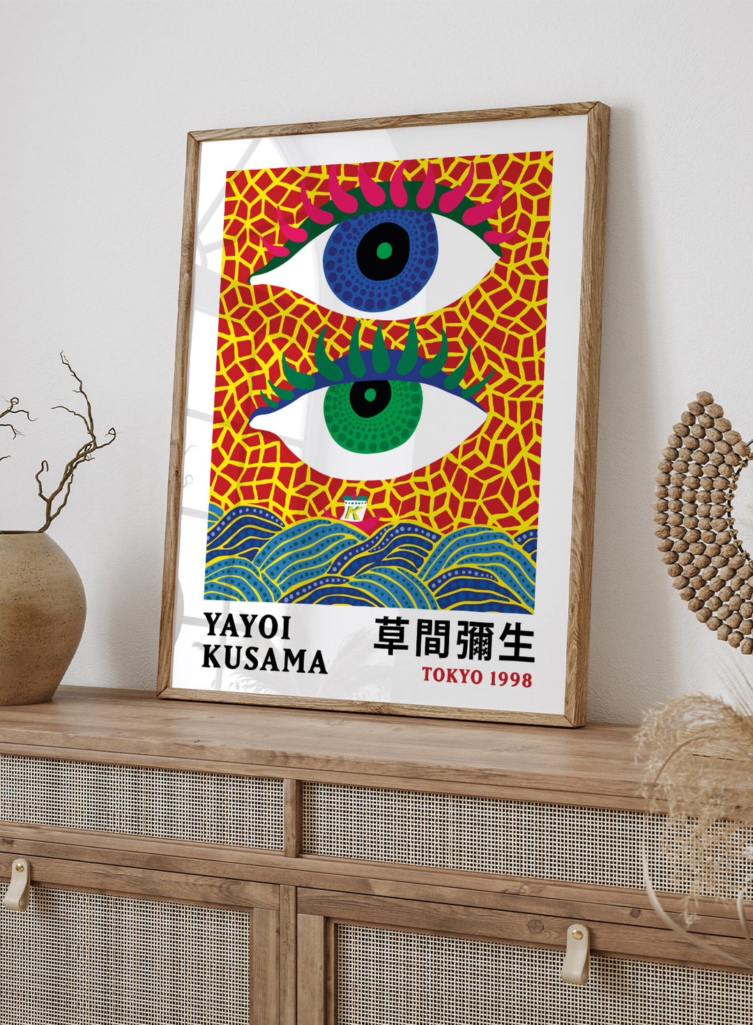Inspired by Yayoi Kusama 草間彌生 On the Ocean Eyes Art, this exhibition Japanese poster art print showcases illustration of abstract eyes against ocean waves. Featuring vintage On the Ocean art, this Japani vintage exhibition poster by Yayoi Kusama is perfect for any boho, retro, minimalist, or abstract space.